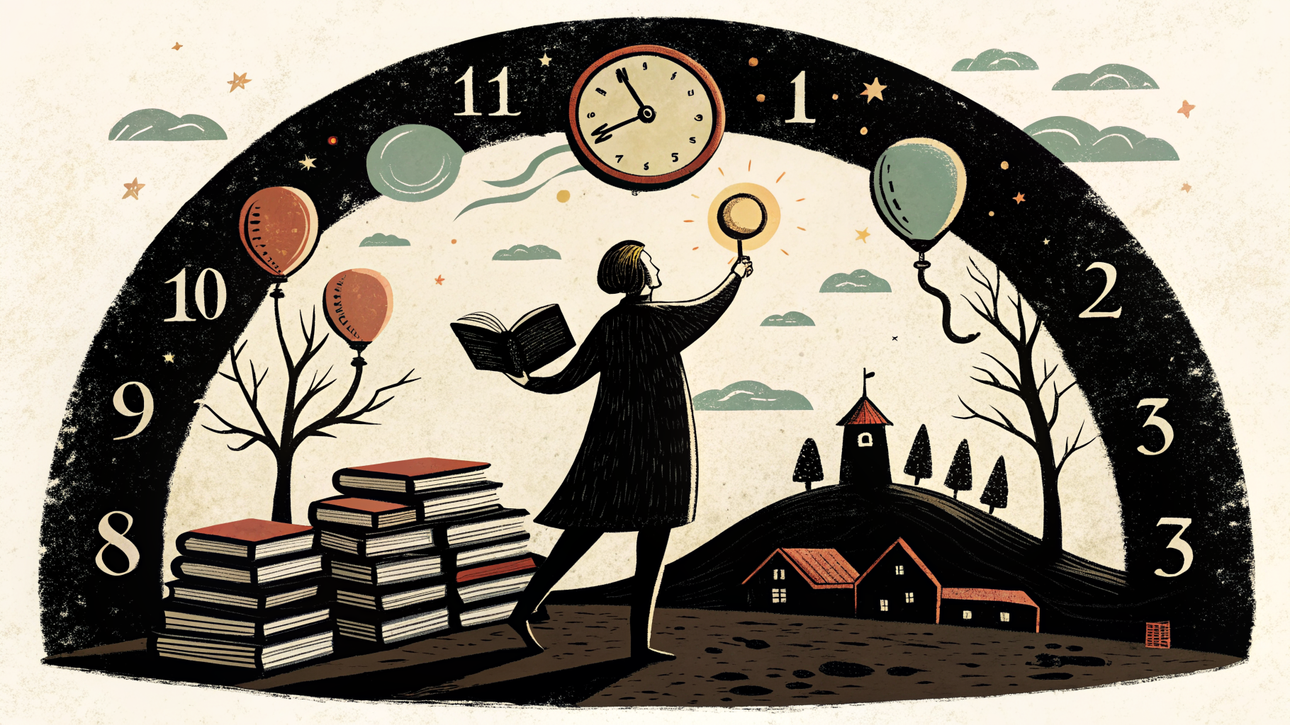 Uma professora cercada por pilhas de papéis, um laptop e materiais de planejamento em uma mesa tarde da noite