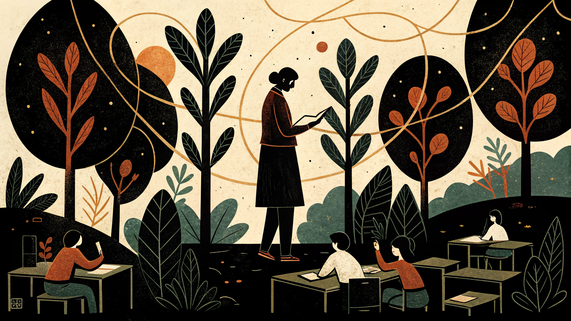 A K-12 teacher calmly facilitating a structured classroom discussion with engaged students at desks arranged in a collaborative layout.