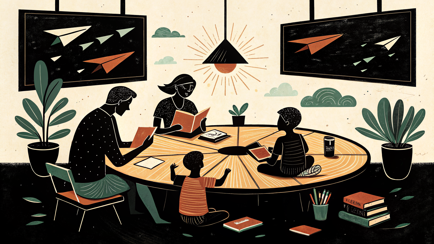 Alunos engajados em uma discussão colaborativa em sala de aula sem smartphones visíveis nas mesas