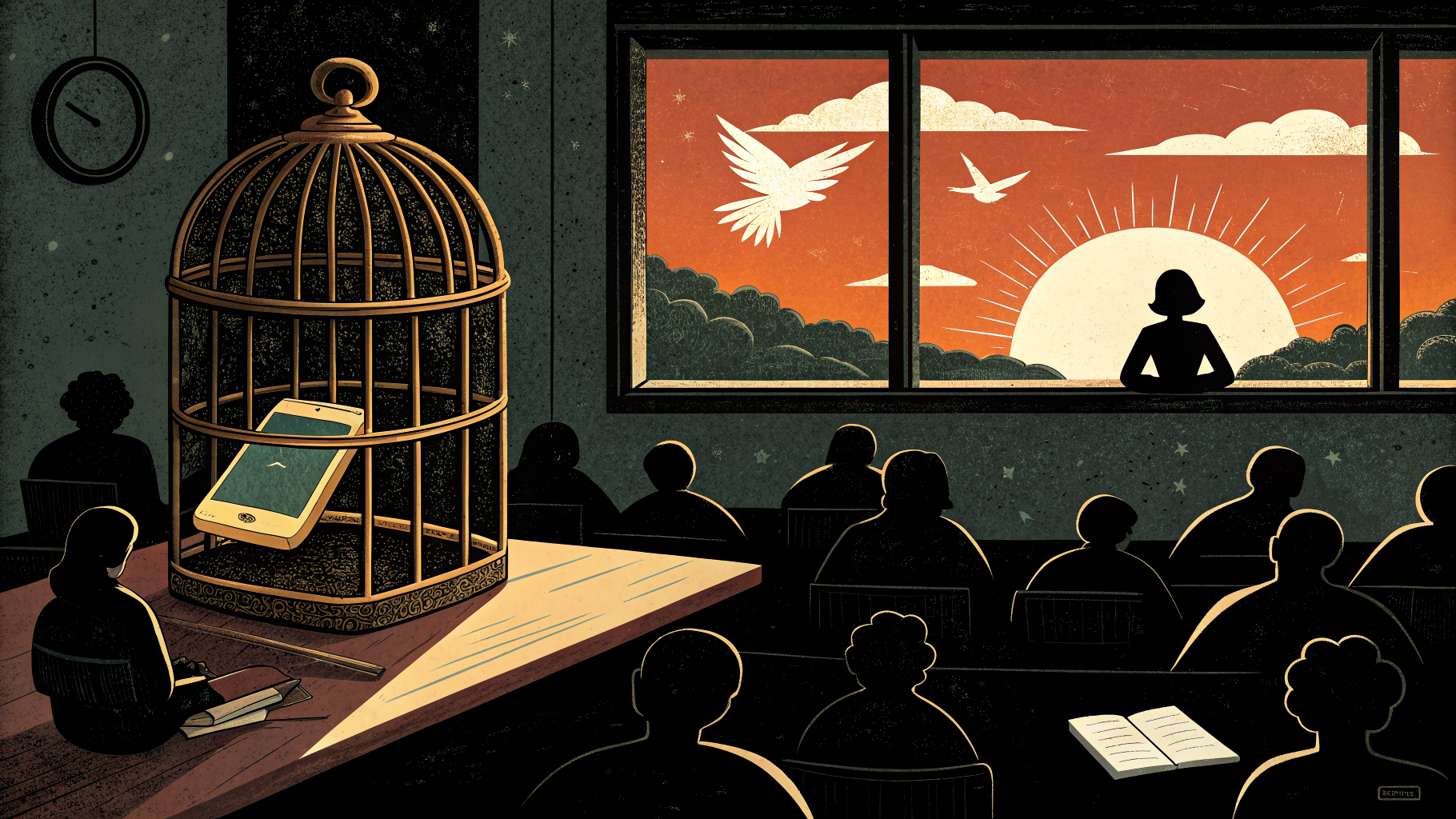 Students engaged in a collaborative classroom discussion with no smartphones visible on their desks