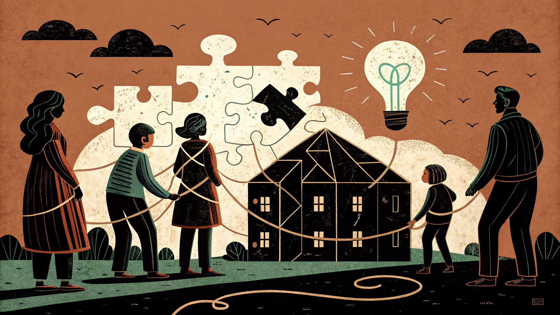 Small groups of students gathered around tables, working together on a complex problem with papers and diagrams spread out in front of them