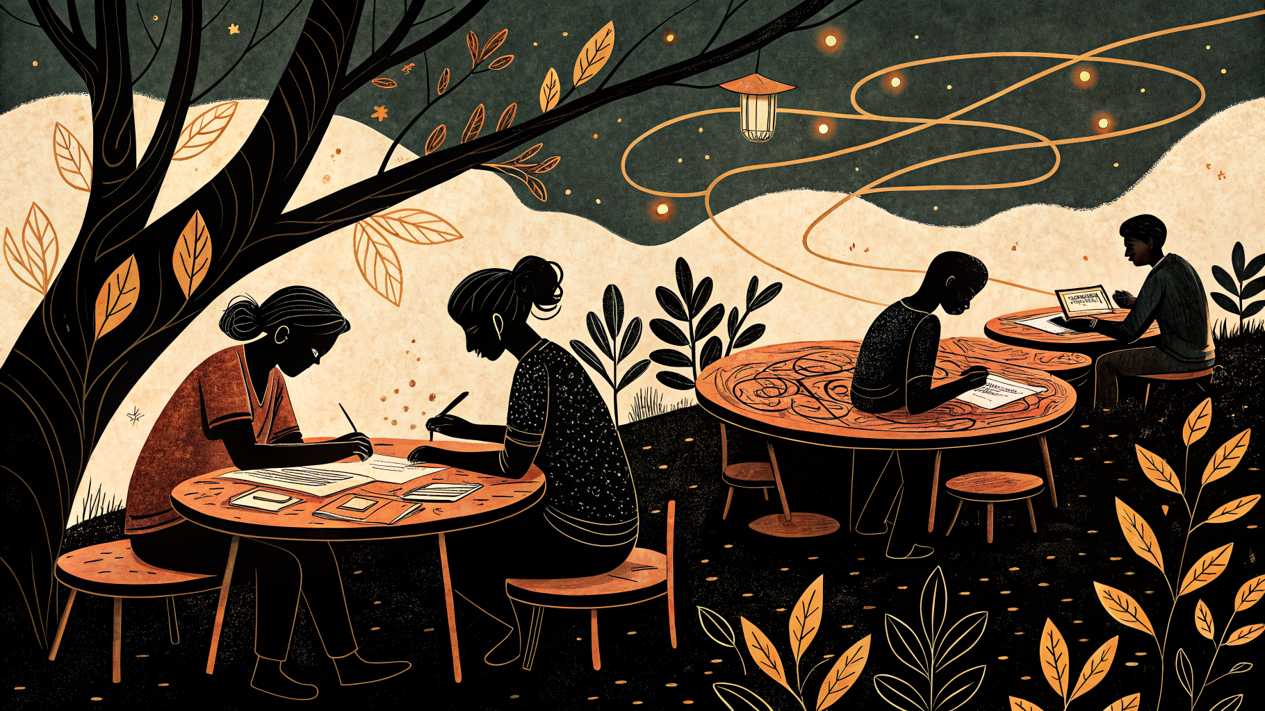 Alunos reunidos em pequenas mesas cobertas de papel, escrevendo e discutindo ideias numa configuração de sala de aula World Café