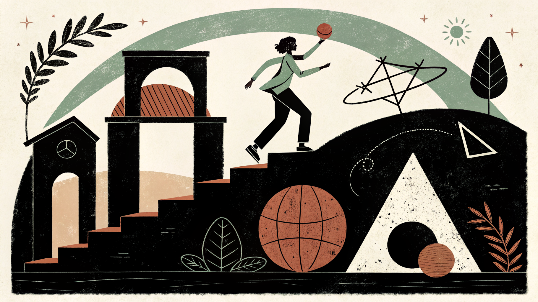 Elementary students participating in an active PE lesson in a gym, with a teacher guiding movement activities.