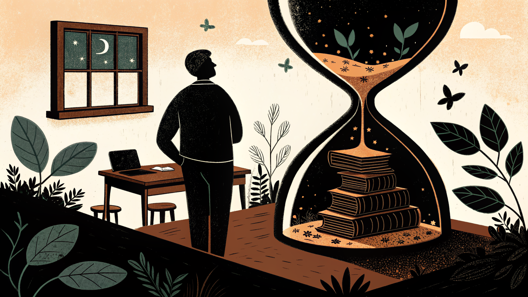 An exhausted teacher sits at a desk late in the evening surrounded by lesson plans, papers, and an open laptop