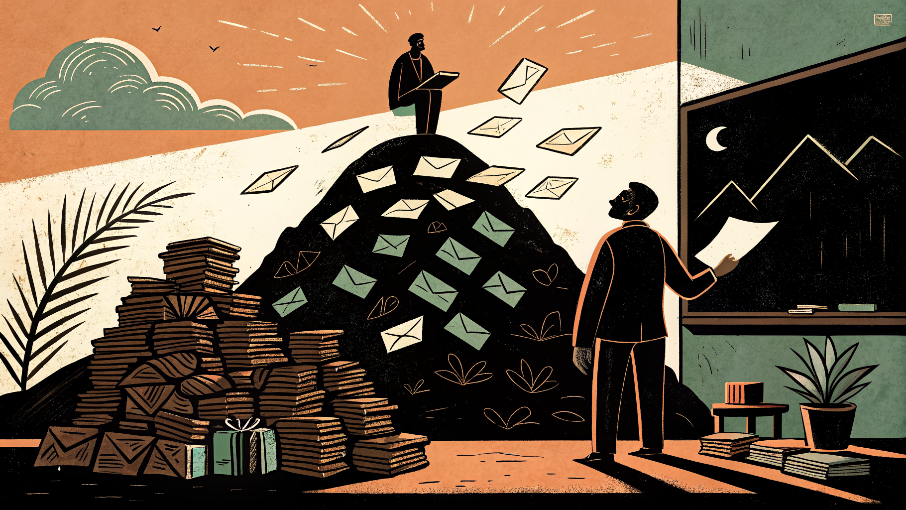 A teacher at a desk reviewing AI-generated lesson materials on a laptop in a modern classroom