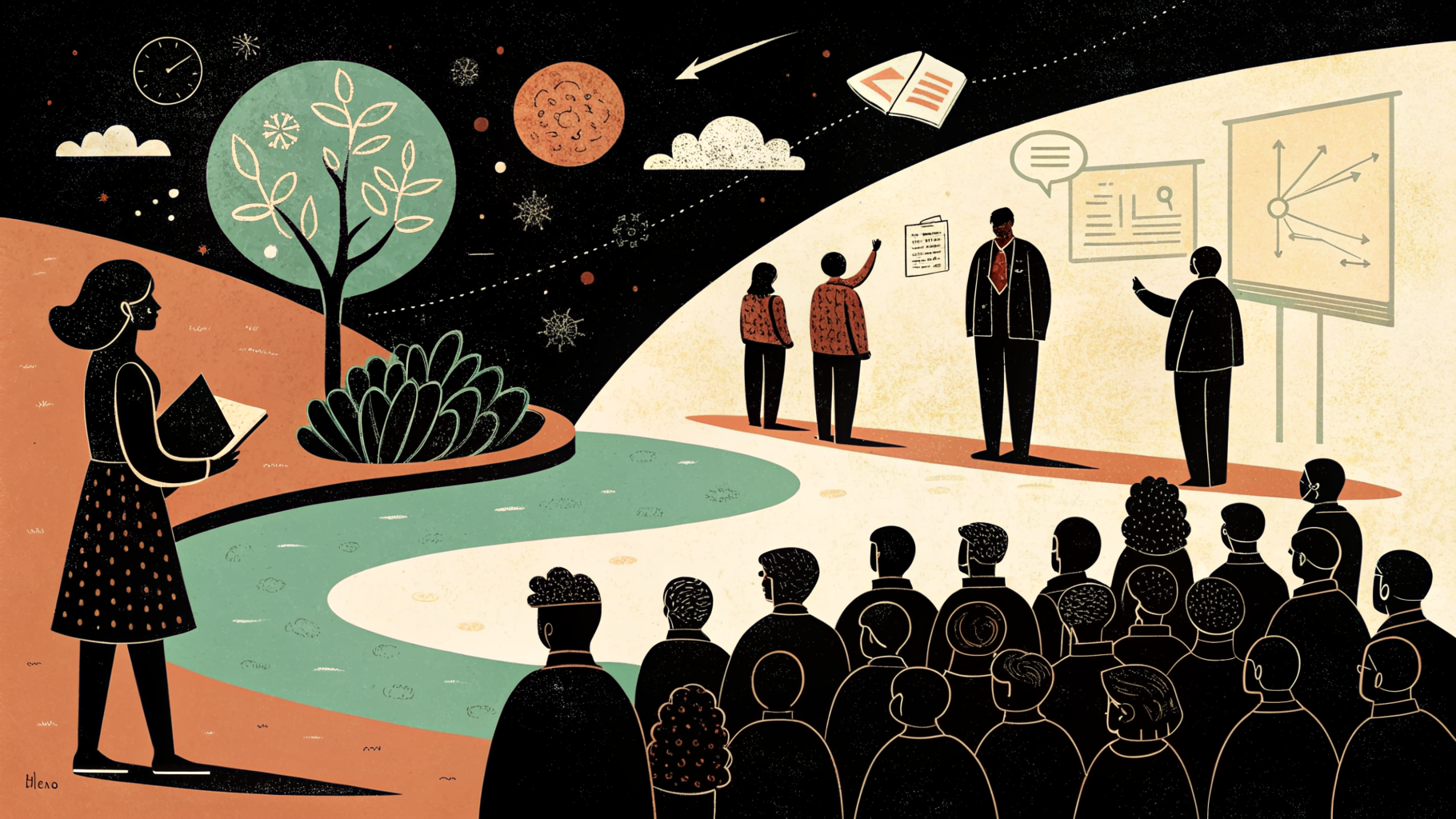 Students standing at different points along a spectrum line on the classroom floor during a human barometer discussion activity