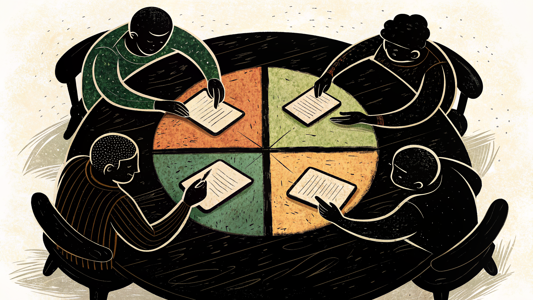 Four students gathered around a large sheet of paper divided into individual sections surrounding a shared center space for group consensus