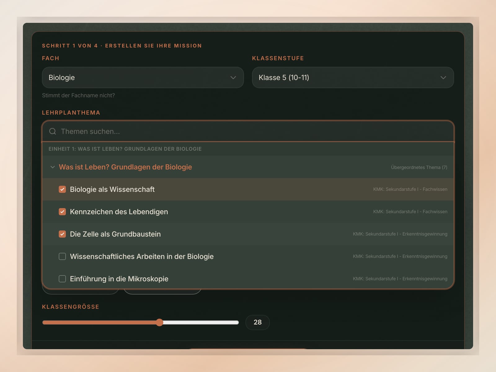 Der Missionsgenerator mit mehreren gleichzeitig markierten Teilthemen, und die eine Mission, die er daraus baut und die sie zusammen abdeckt.