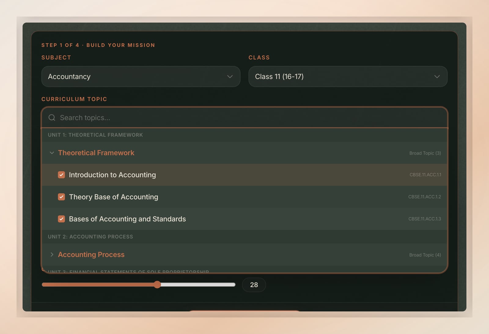 The mission generator with several subtopics ticked at once, and the single mission it builds covering them together.