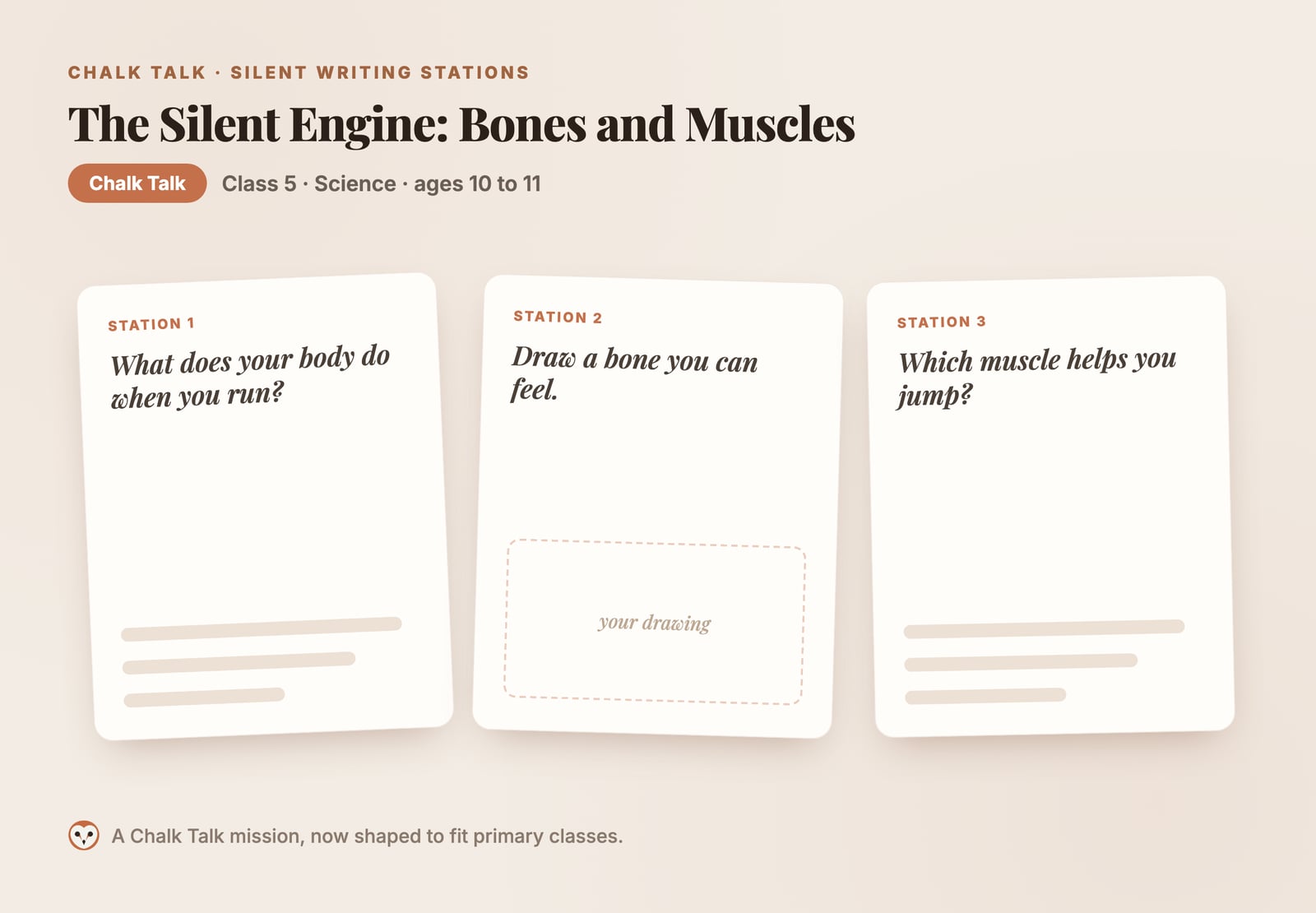 A warm-paper illustration of a Chalk Talk mission for a primary class: three silent-writing prompt stations with simple questions and space to write or draw.