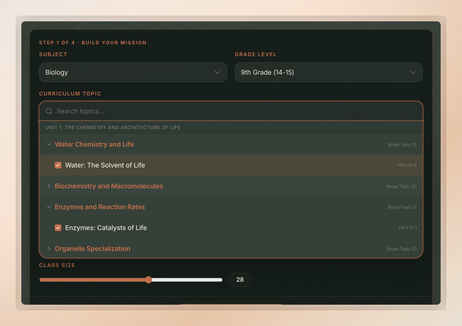 The mission generator with several subtopics selected at once, and the single mission it produced covering all of them together